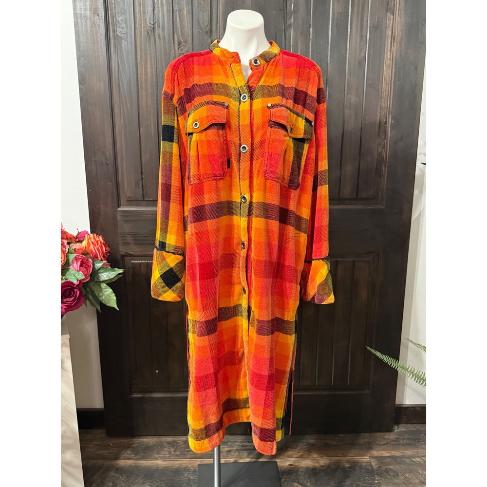 We The Free Free People Plaid Button Front Shirt Dress Orange Red Large L Long - Picture 1 of 7